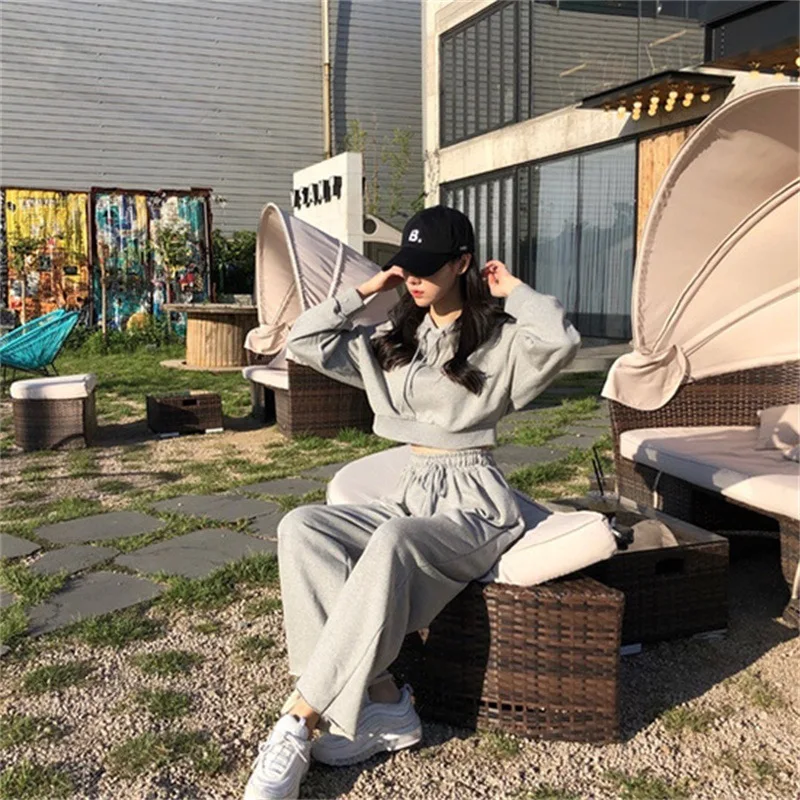 

2019 Spring New Women's Two-piece Korean Hooded Fashion Streetwear Ladies Tops Pants Suit Mulher Casual Wear