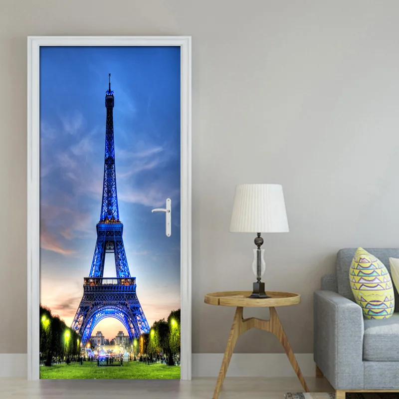 Modern 3D Night Sky Paris Eiffel Tower Wallpaper Living Room Bedroom Door Decoration PVC Sticker Waterproof Mural Wall Painting lighting eiffel tower round drill diamond painting 30 30cm