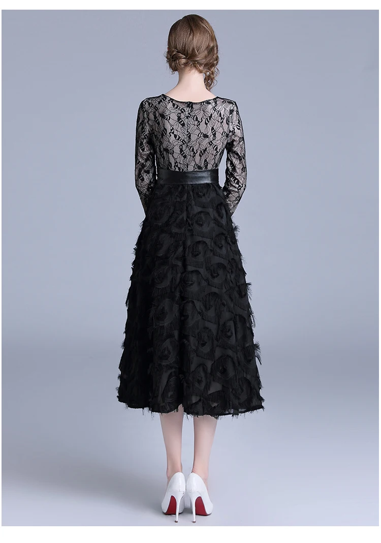 309 Women Dress Elegant Vintage Patchwork Lace Dresses 2018 High Quality Tassel Feathers Slim Women Dresses Evening Party 6