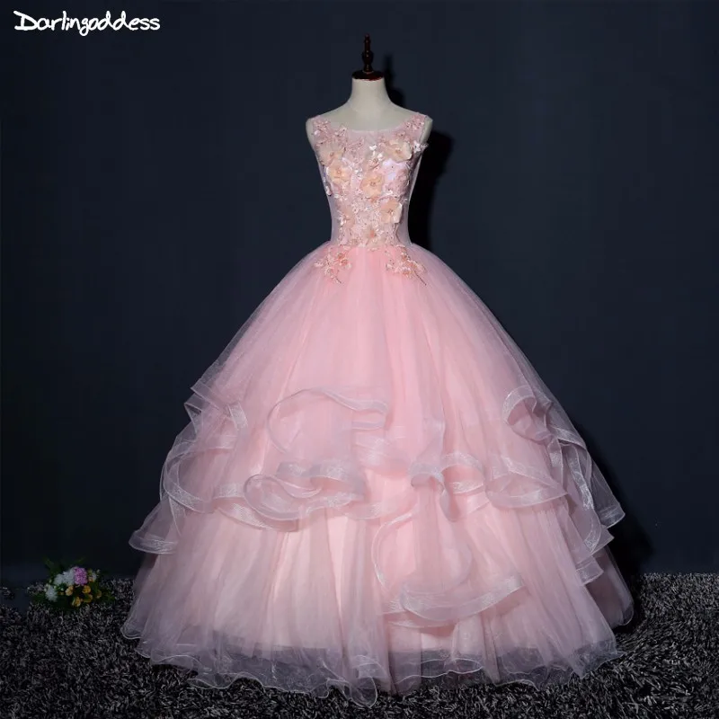 

Darlingoddess Vintage Ball Gown Tulle Long Formal Pink Evening Dresses 2018 3D Flowers Vestido De Festa Evening Party Prom Dress