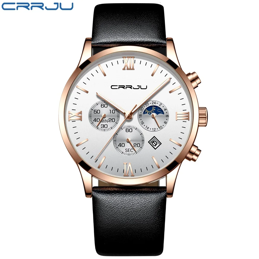 Мужские кварцевые часы с большим лицом CRRJU бизнес секундомер часы с кожаным ремнем светящиеся мужские Ретро спортивные часы Relogio Masculino - Цвет: Leather rose white