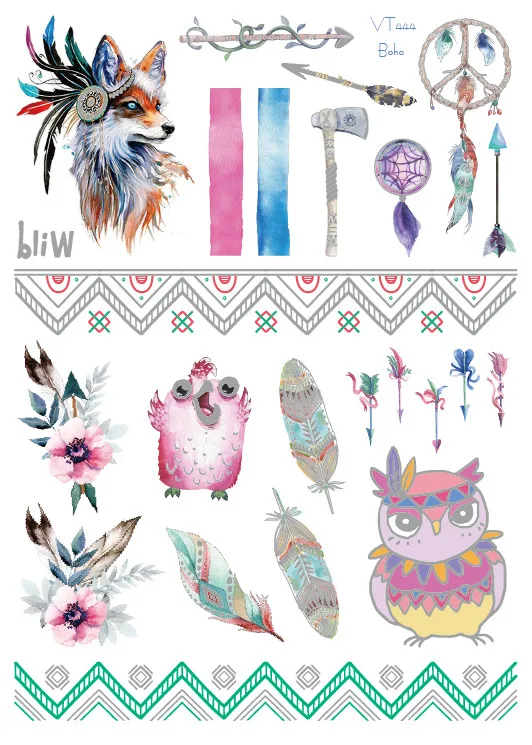 

2018 Latest Boho Beauty Metallic Gold Silver Flash Tattoo Feather Dreamcatcher Owl Mandala Flower Temporary Tattoos