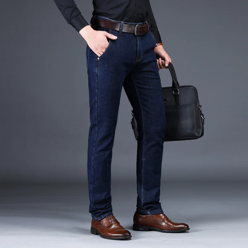 EVES Classic Fleece Business Black Jeans For Men Slim Fit Autumn Winter Spring Trousers Male Casual Thick Warm Denim Homme Pants