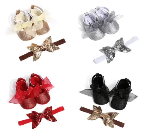 

Baby Newborn Toddler Girls Crib Lace Bow Princess Shoes+Headband Pram Prewalker BABY Sequins Prints Fashion First Walkers Shoes