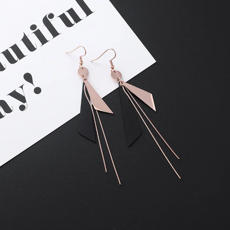 New Listing Geometric Titanium Steel long Tassel Girl Earrings gold Stainless Steel Triangle leaf Girl Black Jewelry Earrings 1