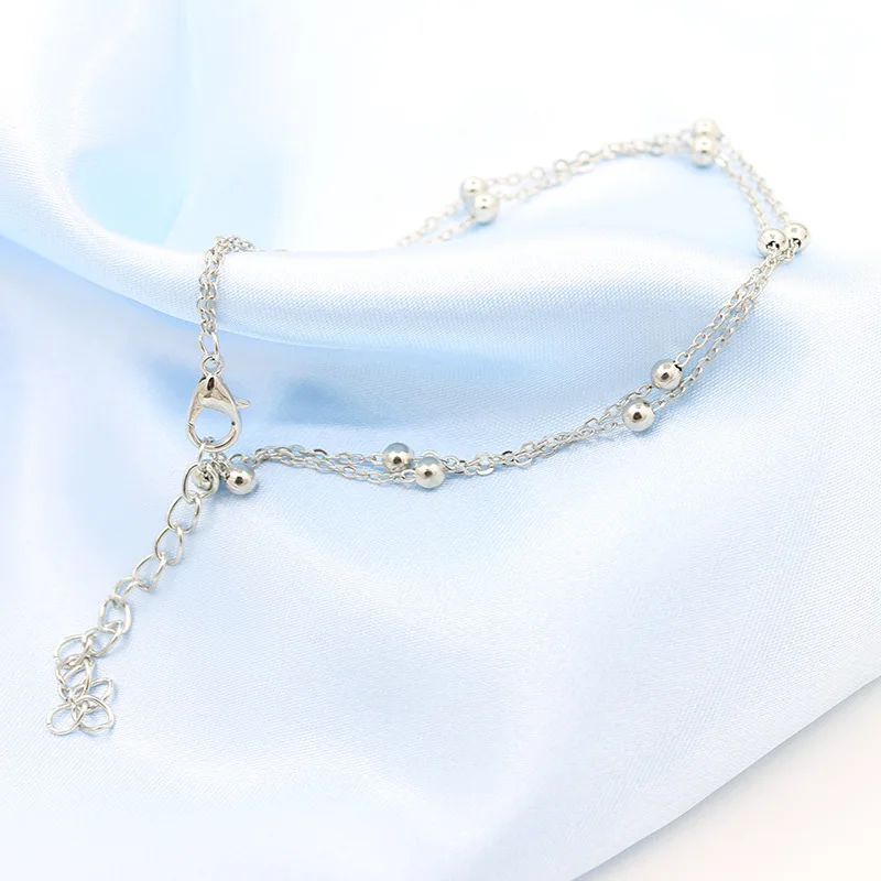 European and American hot jewelry metal foot ring double-layer chain bead foot chain anklets for women