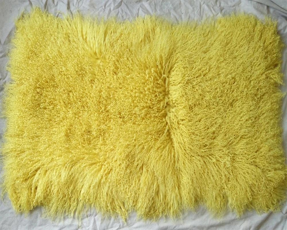 Yellow Real Mongolian Lamb Fur Cushion Cover Sofa Tibetan Fur Pillow