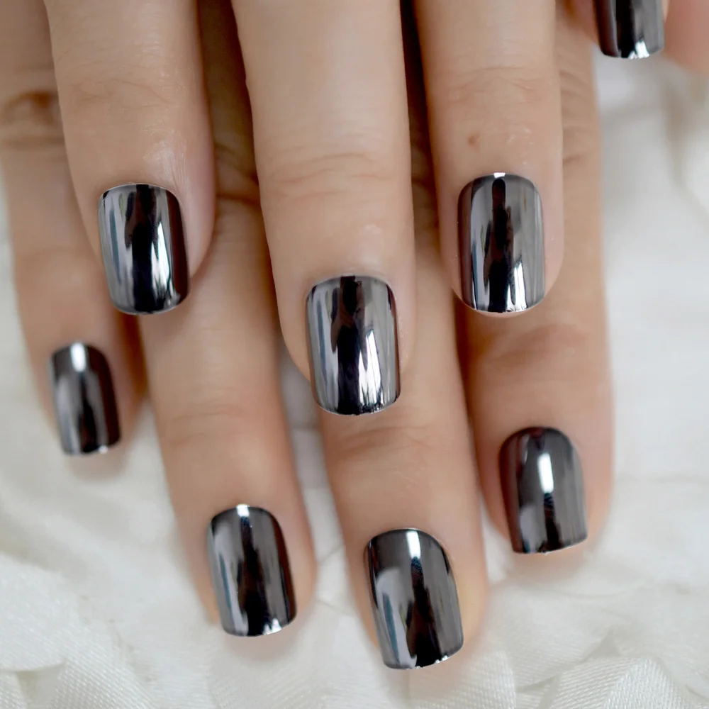 Зеркальные металлические квадратные короткие ногти Серебристые приседания Великолепная красота поддельные ногти Светоотражающие искусственные ногти