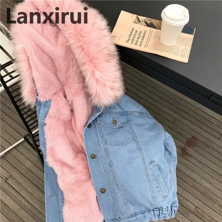 jean jacket with pink fur hood