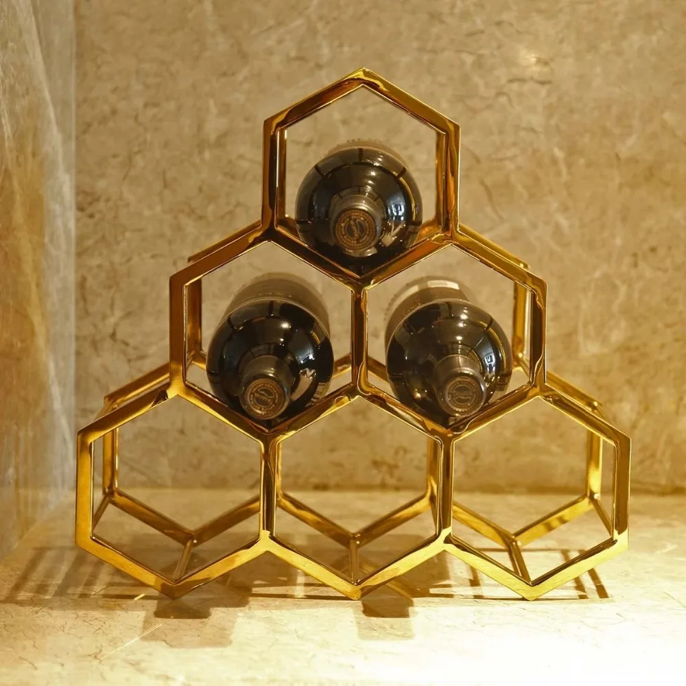 

A Honeycomb-shaped Metal Wine Rack Stainless Steel Wine Holder For 6 Bottles Horizontal Storage Rack Free Standing Golden Home