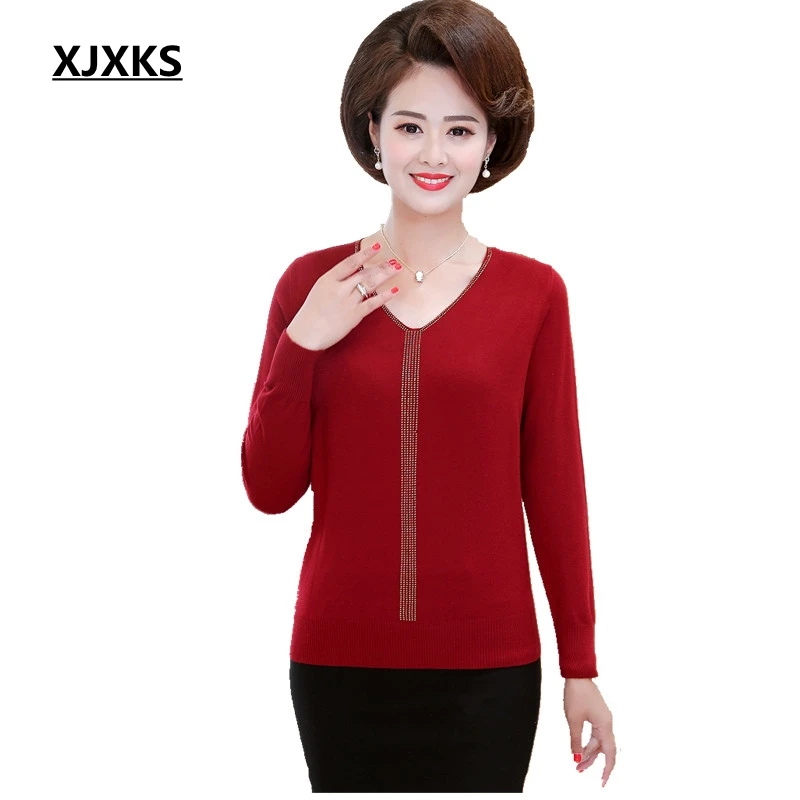 

XJXKS Womens Sweater Fall 2019 V-Neck Long Sleeve Red Pullovers Plus Size Sweaters Beautiful Fall Fashion Black Sweater