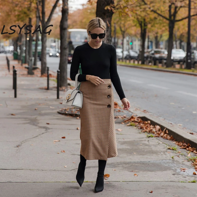 LSYSAG mujer ropa lana Plaid Midi falda lápiz 2018 alta celebridad Lattice Retro mujer moda invierno elegante|Faldas| - AliExpress