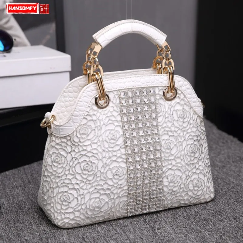 

Luxury fashion dismonds Woman handbags crocodile leather female shoulder slung shell bag lady white rhinestone messenger bags