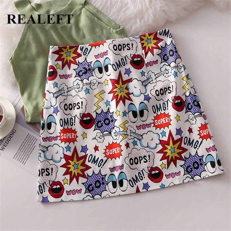 

REALEFT New Arrival Women Cartoon Letter Printed Elegant A-Line Mini Skirts High Waist Harajuku Tulle Shorts Skirts for Womens