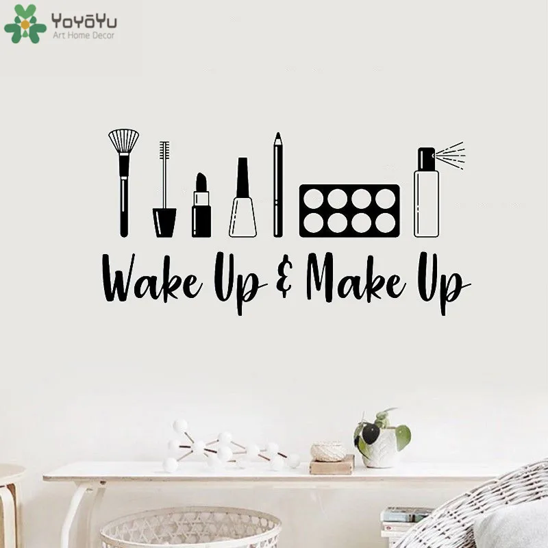 

Wake Up And Make Up Stickers Vinyl Decal For Girls Room Bedroom Art Decoration Beauty Salon Wall Decals Delicate Makeup QQ40