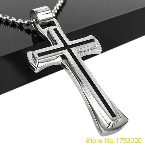 

Men Women Black Silver Stainless Steel Cross Pendant Cool Chain Necklace 4T7S