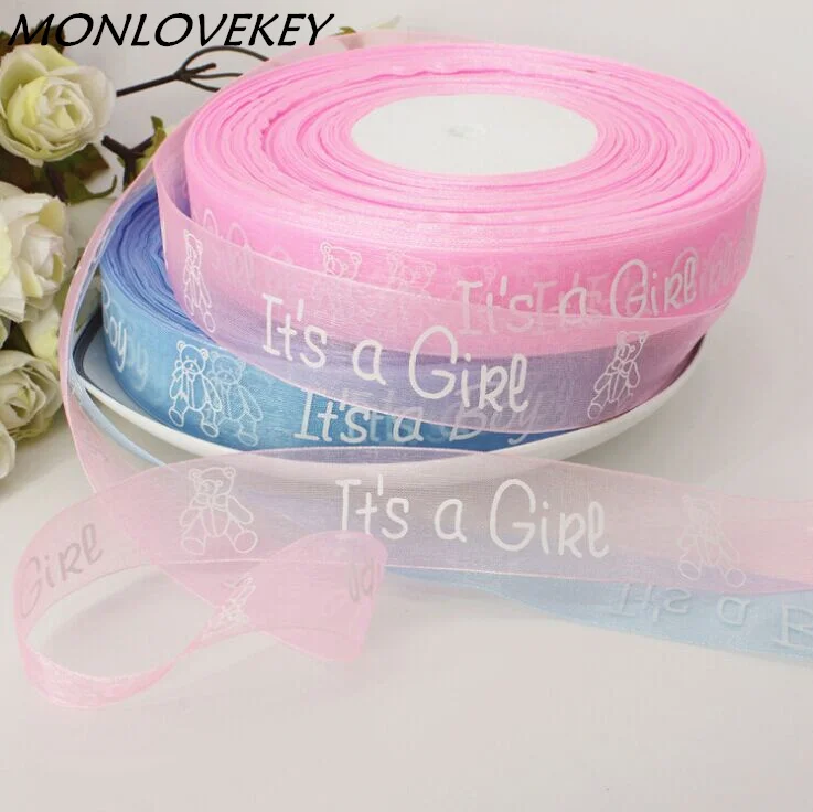 

25mm*100Yards Baby Shower its a boy girl Silk Ribbon Satin Ribbon/Tapes For Party Decoration Crafts Decor Card Gift Wrapping
