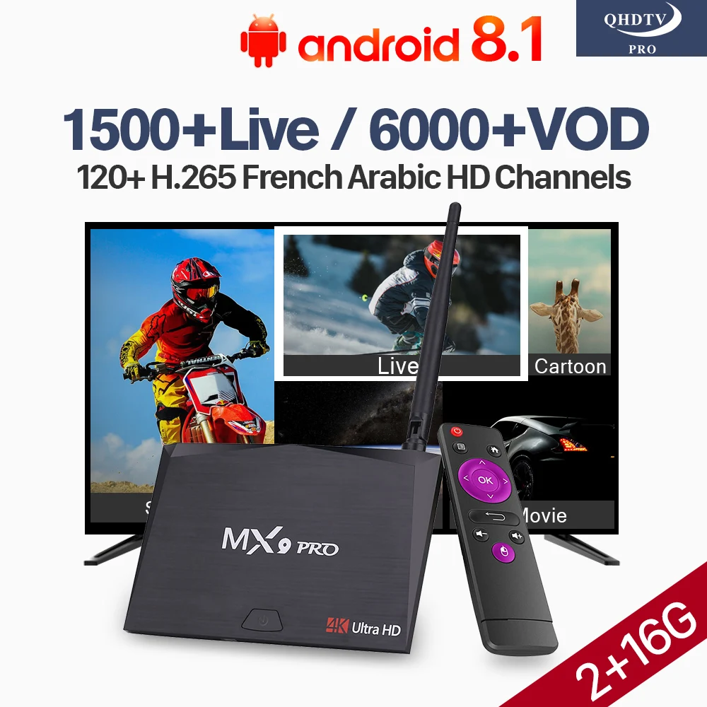 

QHDTV Pro Arabic Franc IPTV Android 8.1 Box MX9 Pro Support BT Dual-Band WiFi 2G 16G Morocco Qatar Italia Arabic French IPTV Box