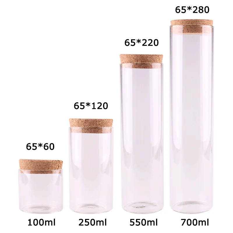 

4pcs Dia 65mm 100ml/250ml/550ml/700ml Transparent Glass Test Tube Terrarium with Cork Stopper Spice Storage Bottle Container