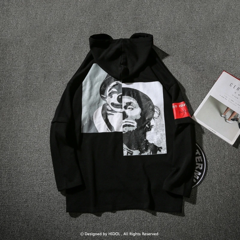 

Oversize False Two Pieces Hoodie Vintage Joker Clown Print Letter Embroidery Hood Pullover Sweatshirt White Gothic Hip Hop Men