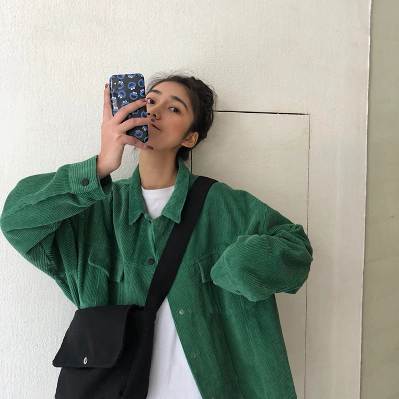 

2019 spring College Vintage female coat Long Sleeve Corduroy Autumn jacket Solid Pocket Bomber Jacket Women