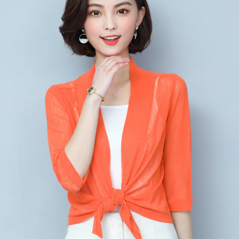 Women's cardigan summer female large size loose thin ice silk seven sleeve short paragraph shawl air conditioning shirt