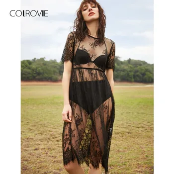 

COLROVIE Sheer Lace Beach Dress Black Vintage Boho Women Sexy Midi Summer Dress Fashion Short Sleeve Cut Out Elegant Dress