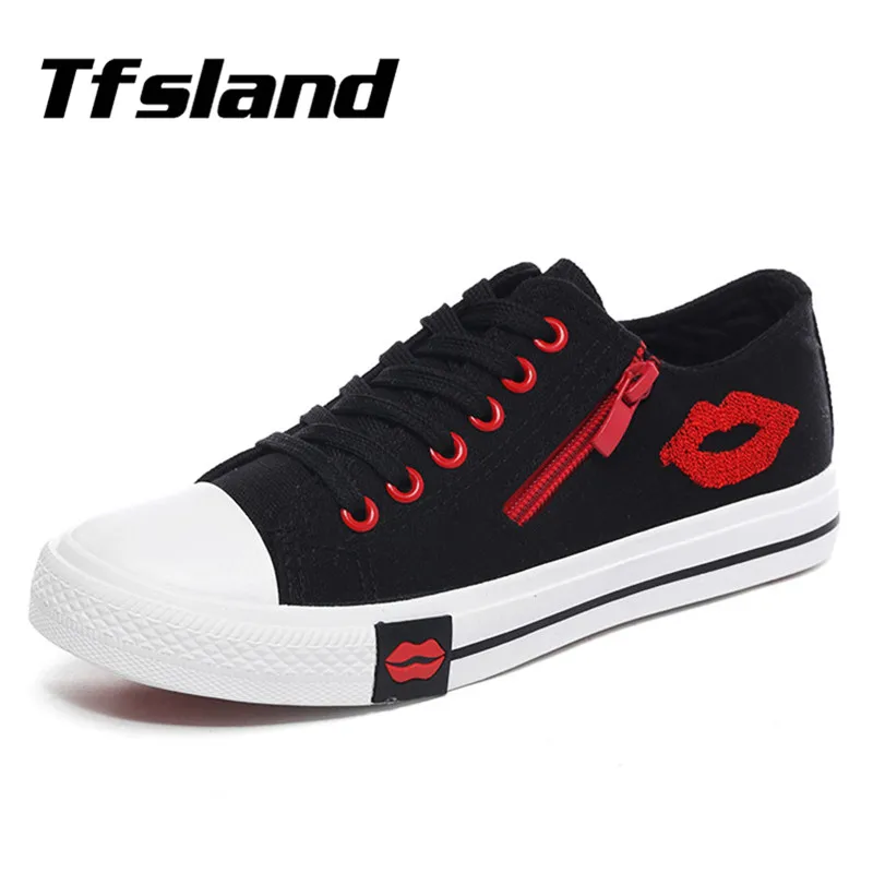 Tfsland Women Red Lips Zipper Canvas Shoes Female Lace Running Student Flat Soft Walking Sneakers Zapatillas Hombre | Спорт и