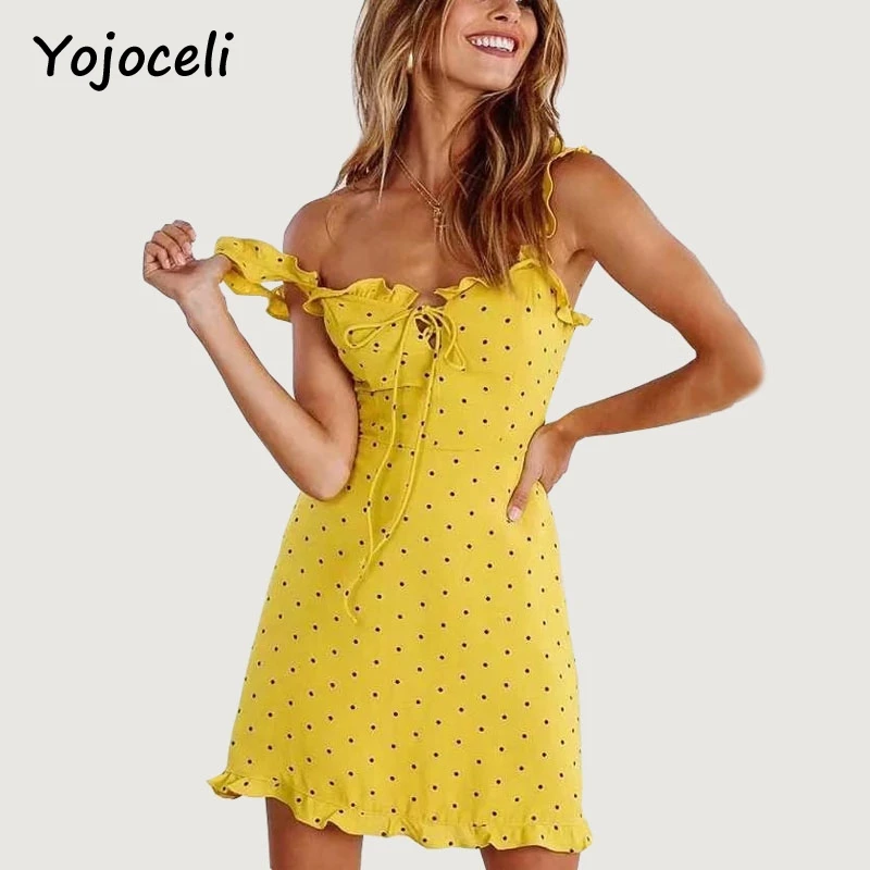 

Yojoceli Ruffle lace up strap short summer dress women 2018 beach polk dot sexy sundress vestidos Daily red print dresses