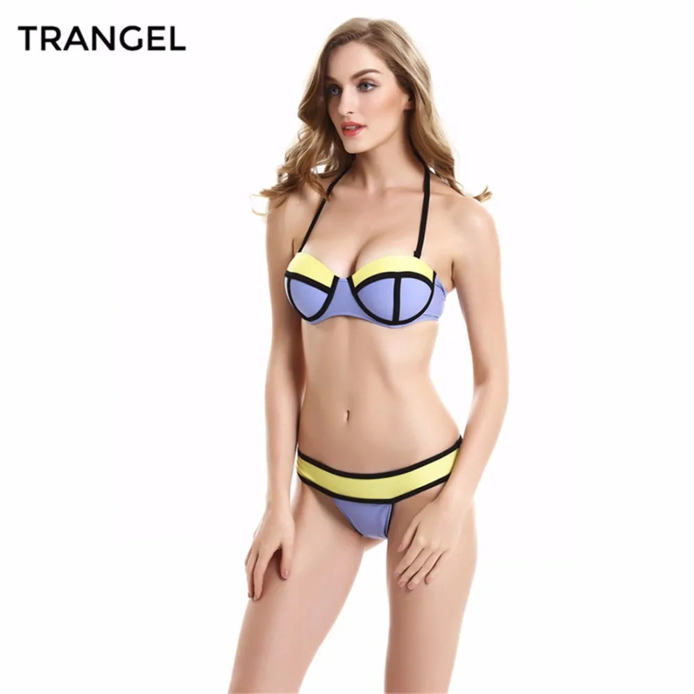 2015 Sexy Women Push Up Patchwork Neon Swimwear Bandeau Bikini Swimsuit Biquinis Women Bikinis Set Top