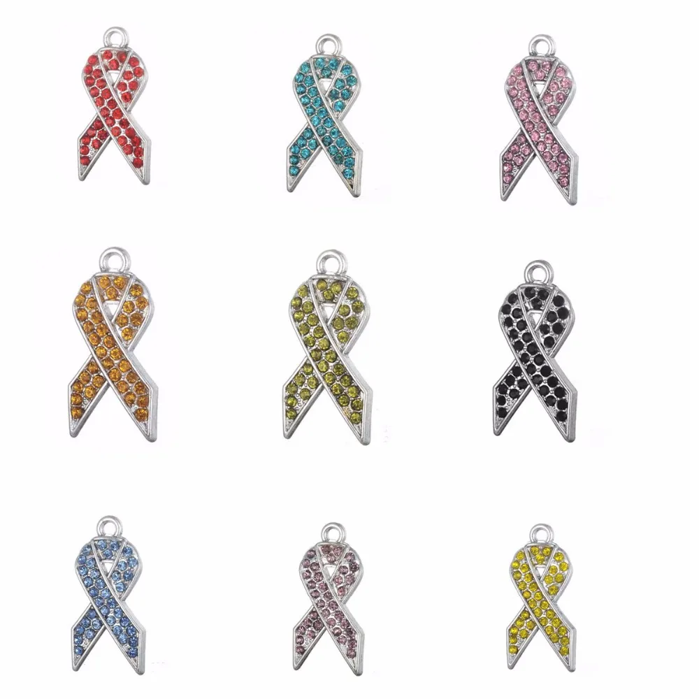 

Cancer Awareness Pink Red Blue Yellow Red Gold Green Black Purple Ribbon Rhinestone Charm