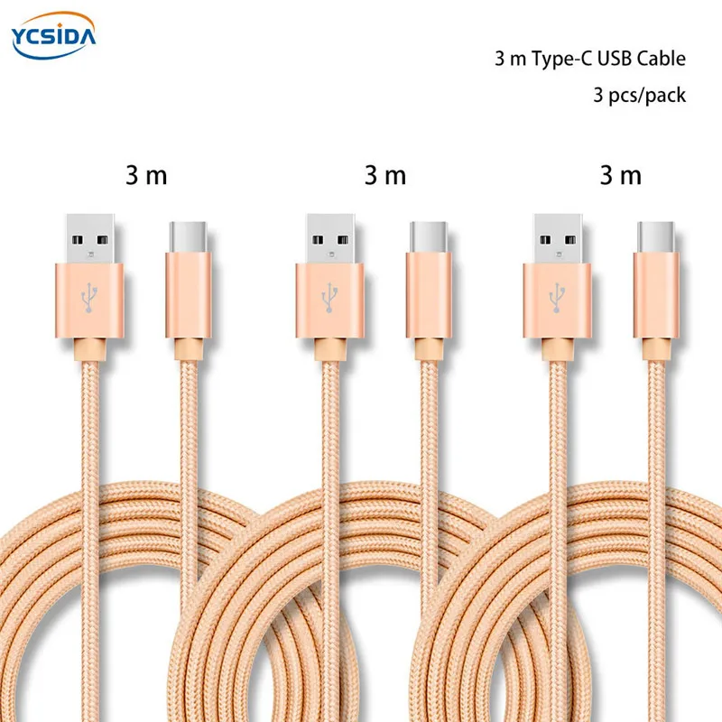 Золото 3 м 3 шт./упак. 5 V 2.4A USB C для передачи данных в нейлоновой Зарядное устройство кабель для samsung S10/LG G6/huawei mate 20/xiao Mi 8/OPPO R17/vivo NEX кабель