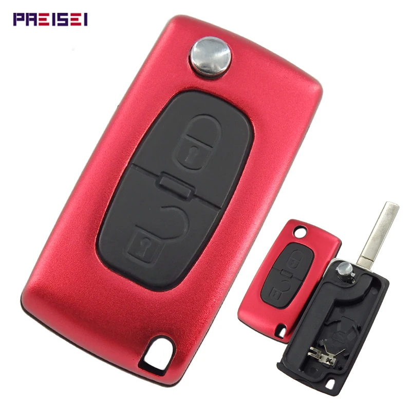 

PREISEI New Aluminum Red 2 Buttons Car Remote Flip Key Case Fob For Peugeot 307 Key Replace Blade No Groove CE0536