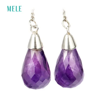 

MELE Natural amethyst silver earring, tear drop 8mm*15mm, deep purple color and natural inclusion, fashion and romantic style