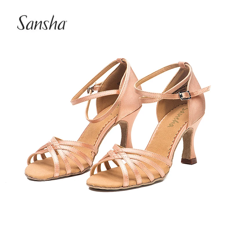Zapatos latino satinado de mujer Sansha 7,5 CM de altura de tacón leopardo/Negro/rojo/bronceado Salsa Tango baile zapatos para niñas BR31016S _ - Mobile