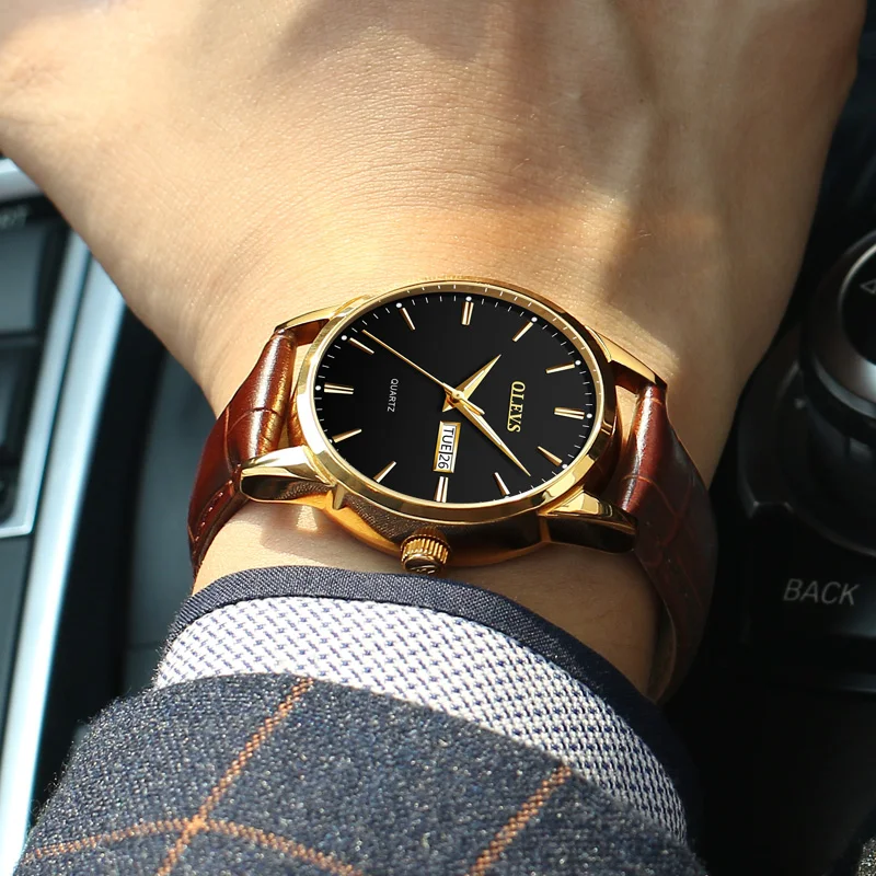 OLEVS мужские часы Топ бренд класса люкс водонепроницаемые 24 часа дата Кварцевые часы золотые мужские кожаные спортивные наручные часы мужские водонепроницаемые часы