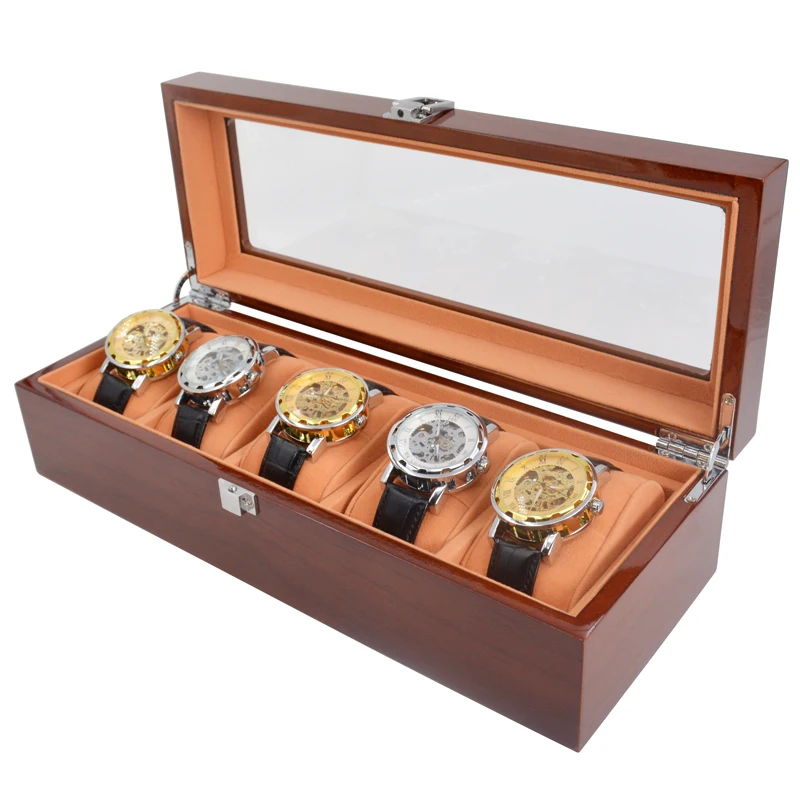 

2017 New Fashion Jewelry Box 5 Grids Solid Wood Lacquer Environmental Watch Boxes Display Packaging Gift Box for Watches