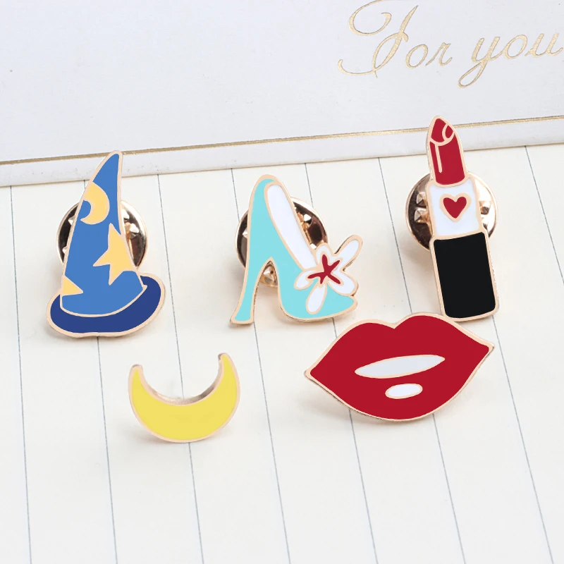 

5 Style Brooches For Women Moon Hat Heels Lips Lipstick Enamel Badge Pins Sweater Shirt Backpack Accessories Give Girl Best Gift