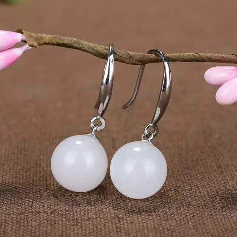 Drop Shipping Real 925 Sterling Silver Drop Earrings Ear Pin Natural Round Jade Handmade Fine Jewelry For Women Wedding Earrings