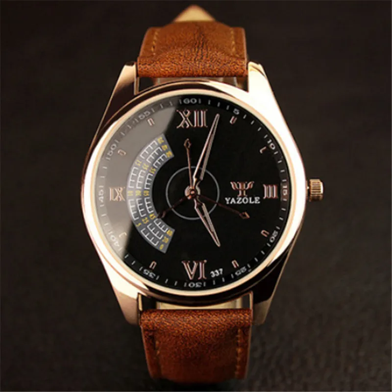 YAZOLE Топ бренд класса люкс бизнес часы уникальные модные мужские часы кожа аналоговые кварцевые часы Saat Erkek Kol Saati - Цвет: Brown Black