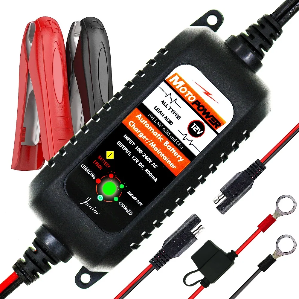 MOTOPOWER MP00205A 12V 800mA Automatic Smart Motorcycle Battery Charger Maintainer for Car, RV, ATV, Boat