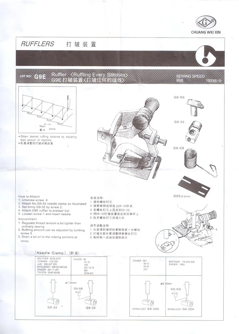 RUFFLER ATTACHMENT G9E для швейной машины A9 с одной иглой