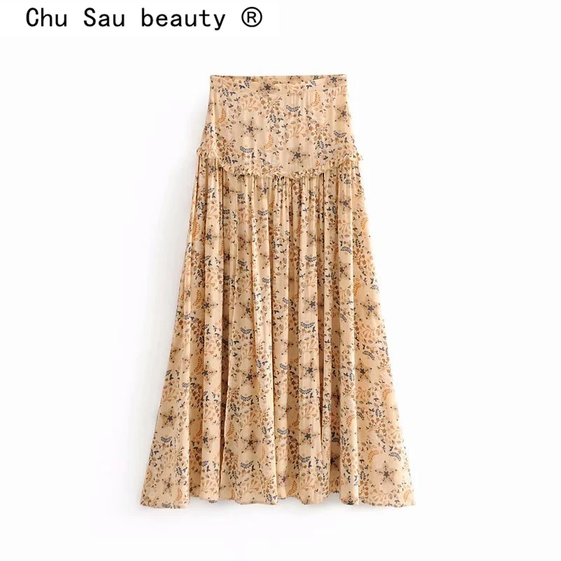 

Chu Sau beauty Boho chic Vintage Floral Printed Loose Skirt Women Holiday Ruffles Draped Forking Long Skirts Vestidos Mujer