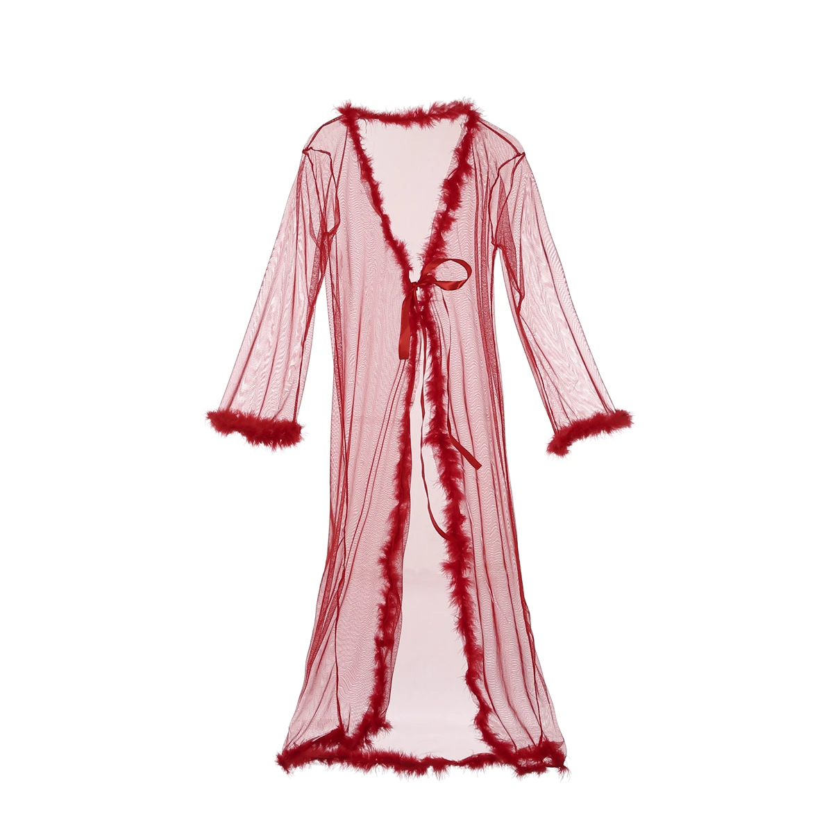 Womens See through Lace Mesh Feather Sleepwear Maxi Robes Sexy ...