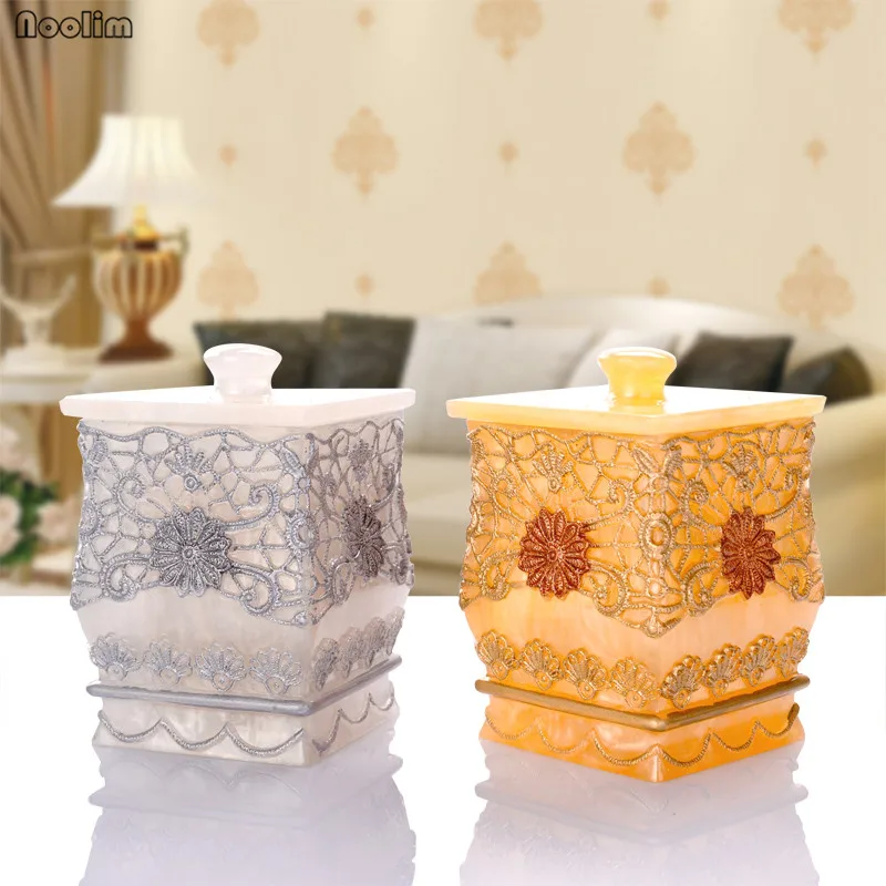 

Cotton Swab Box European Toothpick Box Embossed Lace Creative Resin Desktop Cotton Pad Jewelry Storage Box Makeup Organizer