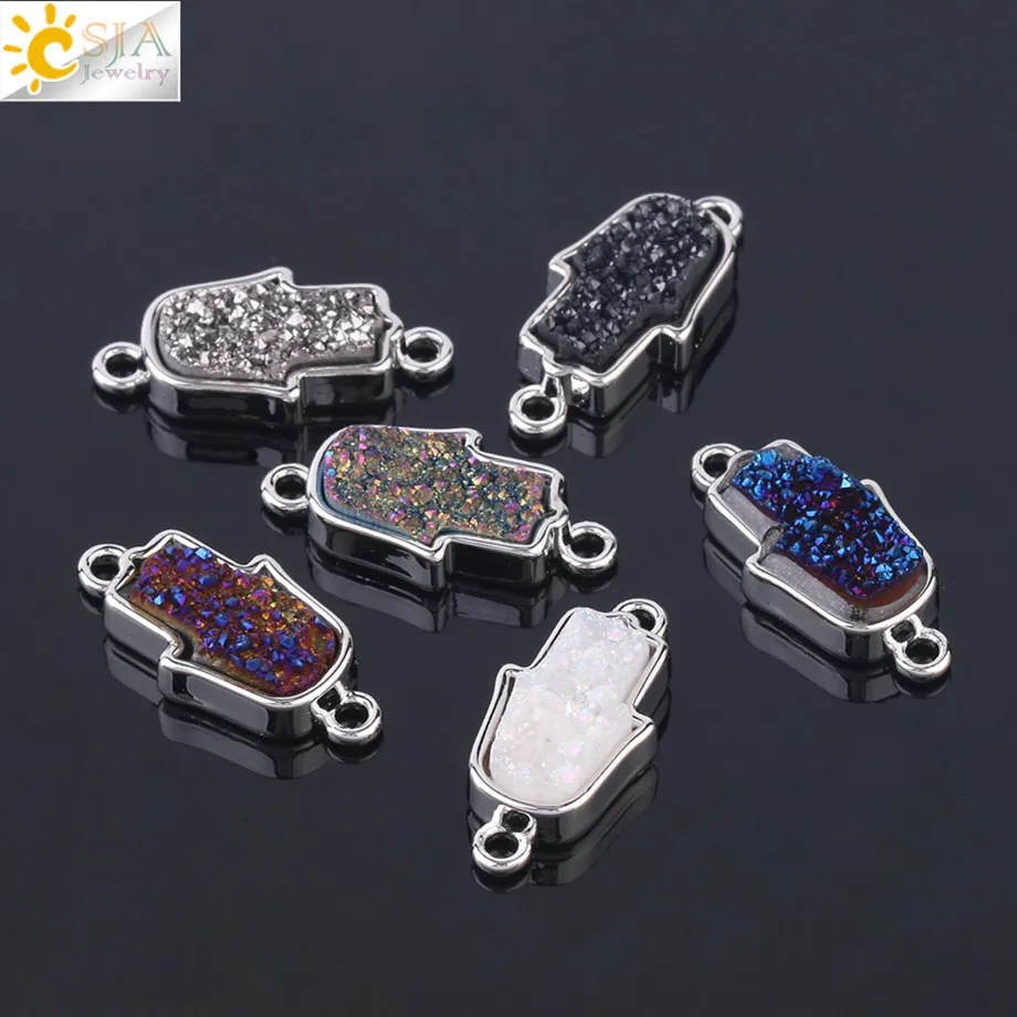 Женские ручные коннекторы CSJA Lucky Hamsa серебристые с двумя отверстиями натуральные