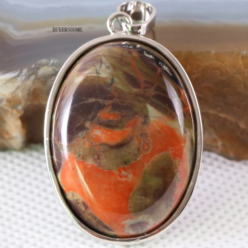 

Free Shipping Silver Color Oval Natural Stone Bead Green Jaspe Women Necklace Pendant 1Pcs K676