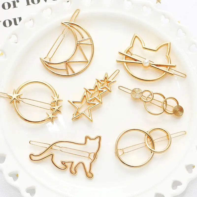 

Women Girls Metal Alloy Hairgrip Barrette Hollow Geometric Cat Moon Circle Shape Hair Clip Faux Pearl Decor Barrettes D12_