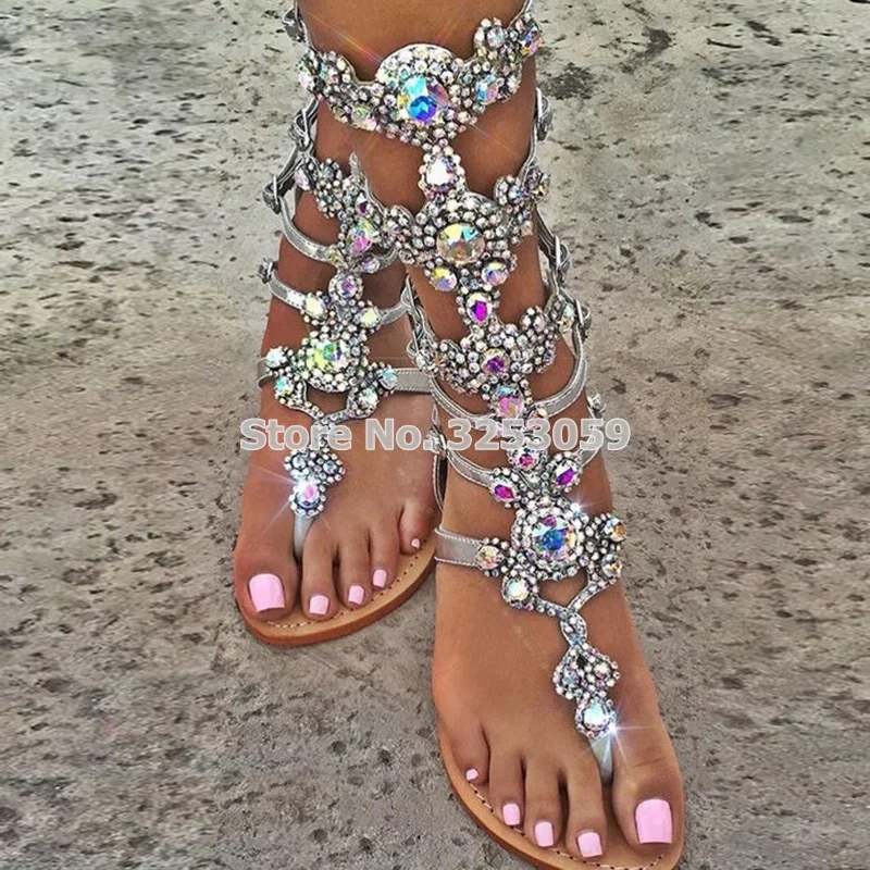 Bohemian Lady Flat Sandals Bling Bling Multi-color Crystal Clip Toe Shoes String Beaded Criss Cross Cage Sandal Boots Size 34-45 plus size criss cross v neck tee