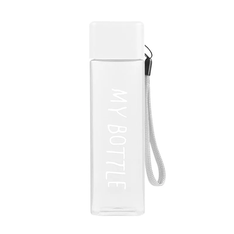Новая квадратная пластиковая бутылка My bottle 500 мл для бутылок с водой для питья с веревкой, прозрачная или матовая Спортивная, корейский стиль, термостойкая - Цвет: white